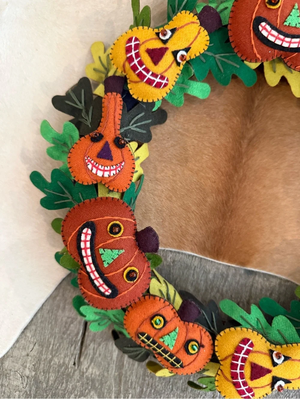 Pumpkin Felt Fall Halloween Wreath - Orange & Green
